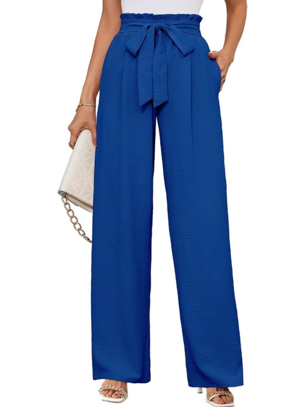 Womens Klein Blue Wide Leg Pant High Waisted Tie Knot Loose Comfy Casual Trouser